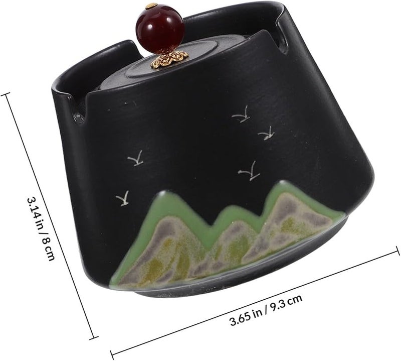 Hand Painted Ceramic Ashtray With Lid Windproof Outdoor Chinese Style Black Matte - Image 2